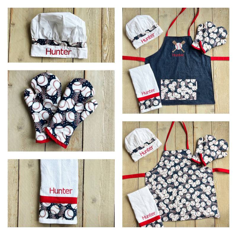 Personalisiertes Baseball-Schürzen-Set Kinderkochschürze, Hut & Handschuhe von RedBobbinDesigns