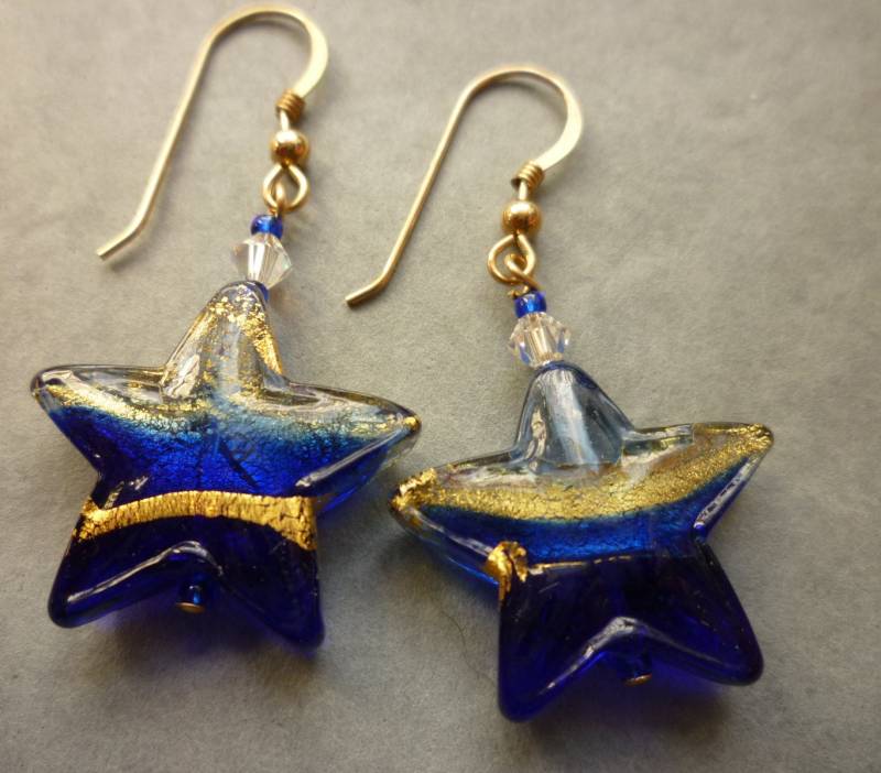 Murano Glas Ohrringe - Kobalt-Blaue Und Goldene Sterne Mit Gold Gefüllt Ohr Drähte Murano Glas Ohrringe - Kobalt-Blaue Und Goldene Sterne Mit Gold Gefüllt Ohr Drähte von RedEarthStudios