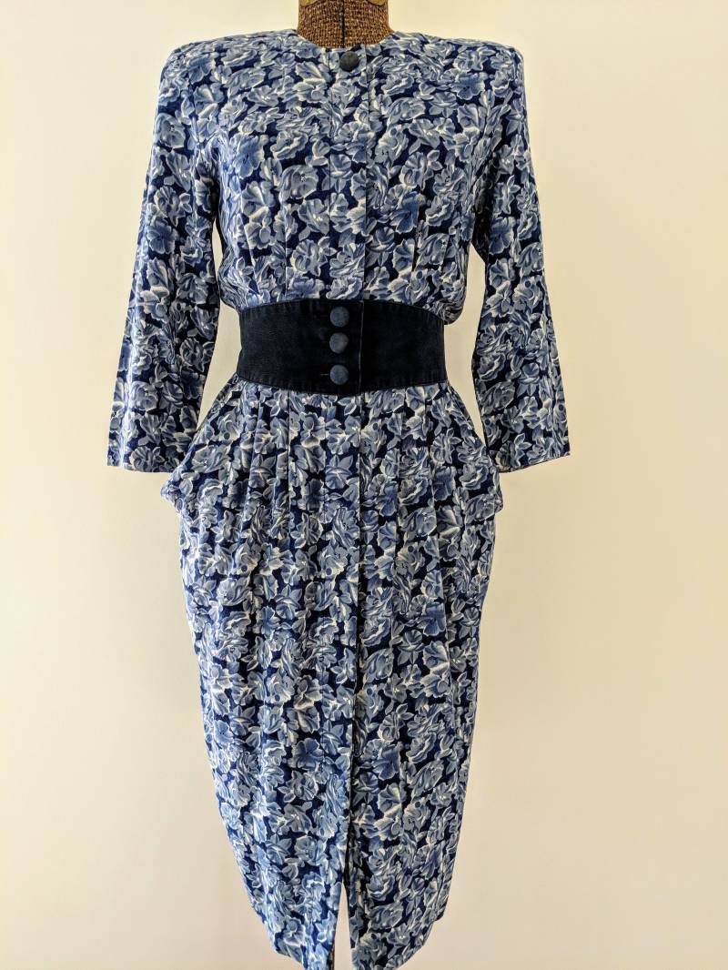 80Er Jahre Marineblaues Kleid von RedFernVintageCo