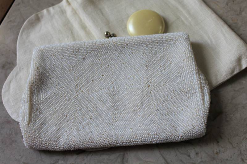 Vintage 50Er 60Er I Magnin California White Seed Bead Beaded Strass Kristalle Küssen Lock Clutch Abend Handtasche Geldbörse von RedHatVintage