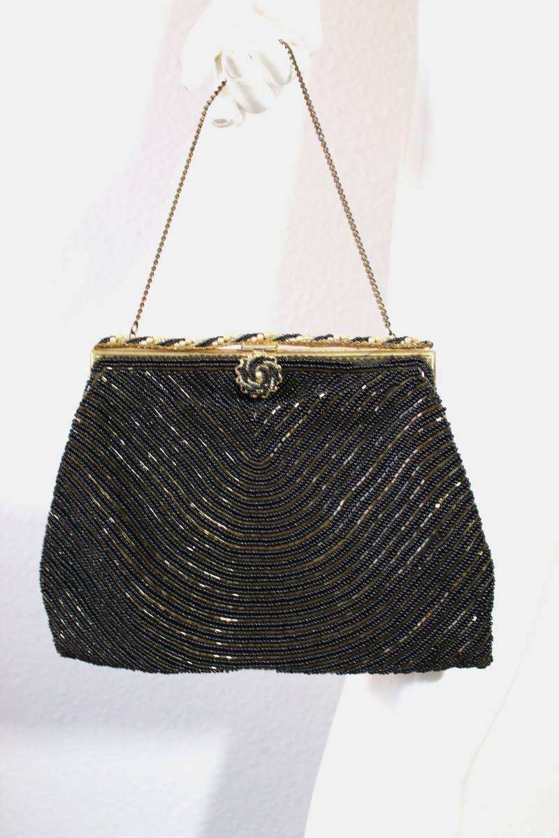 Vintage 50Er 60Er Jahre Hochschild Kohn Made in France Schwarze Seed Bead Gold Tube Perlen Mit Messing Rahmen Handtasche Abend von RedHatVintage