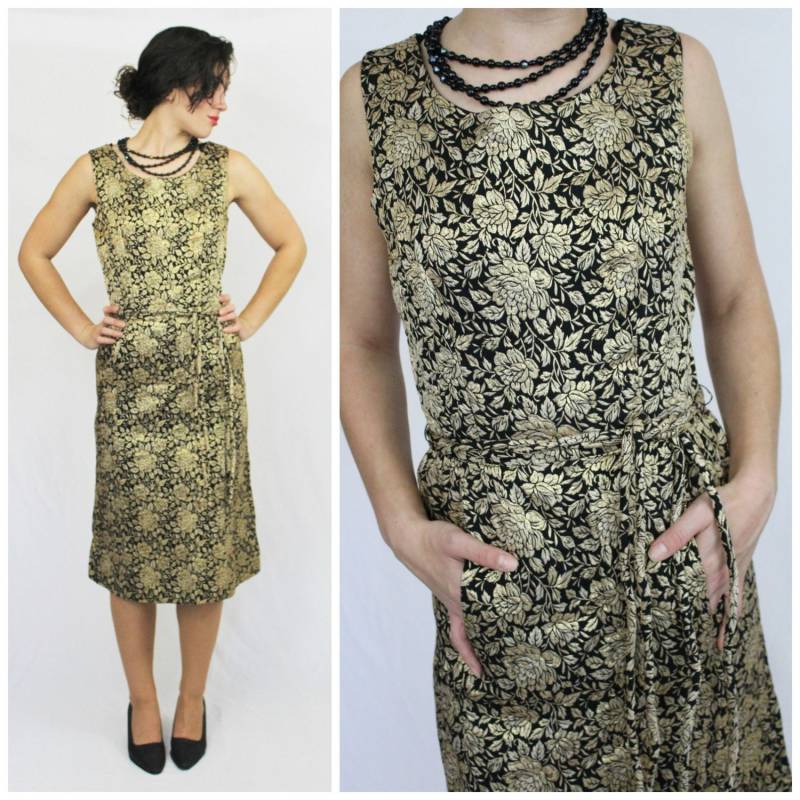 Vintage 50Er 60Er Jahre Schwarz Gold Metallic Lame R &k Originals Gobelin Damast Wackel Cocktail Kleid Crop Top Jacke Set // Us 6 8 Small Medium von RedHatVintage