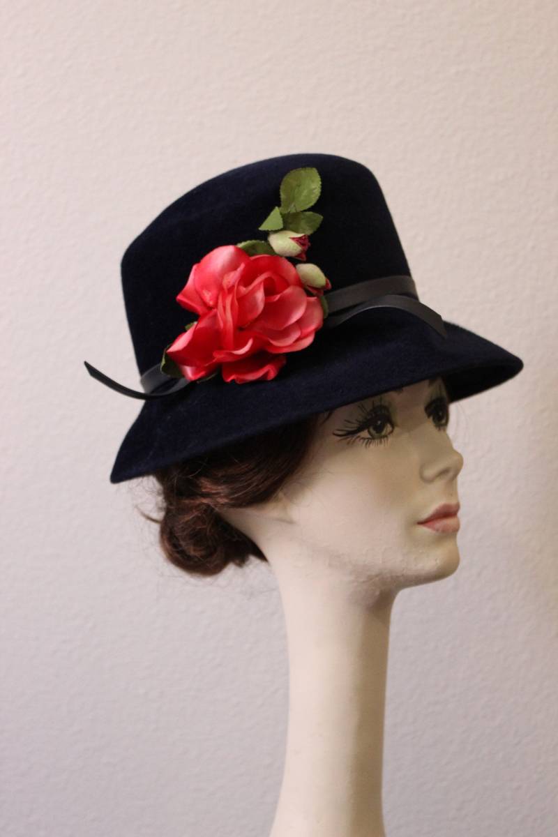 Vintage 50Er Jahre 60Er Peachbloom Tief Saphir Blau Rose Wolle Pelz Eimer Hut Mit Importierten Gemacht von RedHatVintage