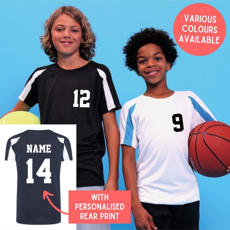 Kinder Personalisierte Kontrast Sport T-Shirt Team Kit Name & Number Fußball Pe Fitnessstudio Polyester von RedLeaderUK