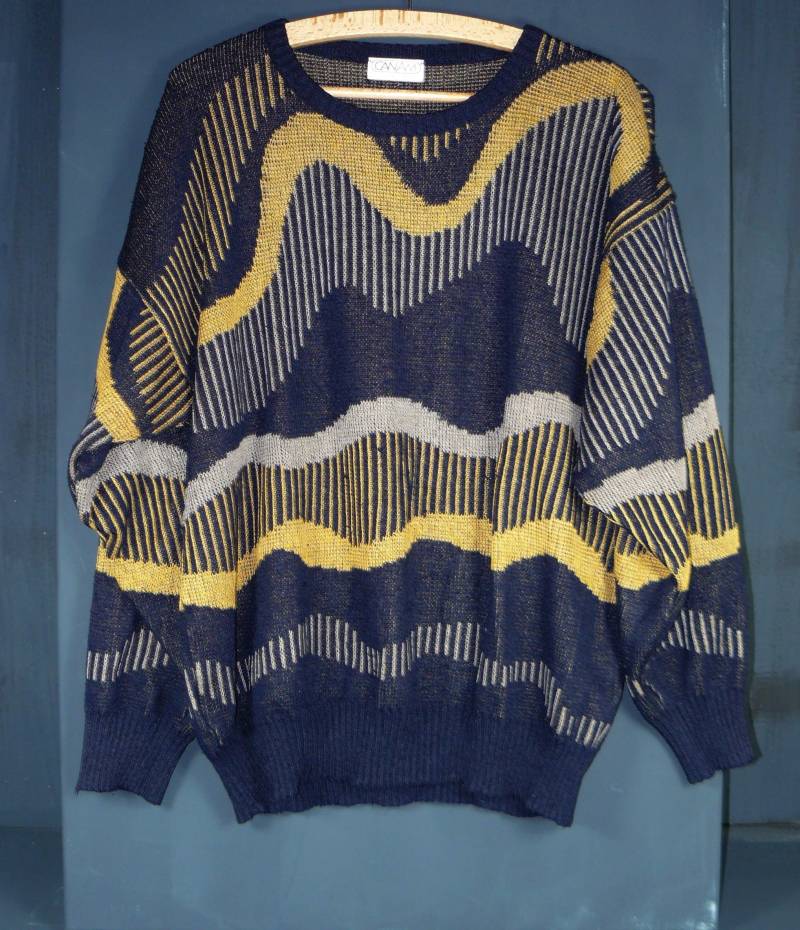 Vintage Pullovercanam Retro Strick 80Er Jahre Gr. 52 Blau-Weiß-Messing von RedTigerRetro