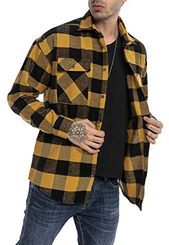 Hemd für Herren Freizeithemd Holzfällerhemd Kariert Plaid Shirt Vintage Gelb-Schwarz L von Redbridge