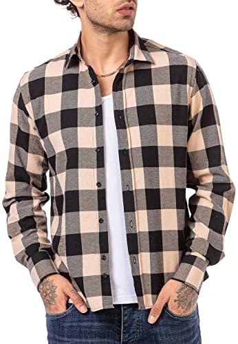 Hemd für Herren Freizeithemd Holzfällerhemd Kariert Plaid Shirt Vintage Schwarz-Beige L von Redbridge