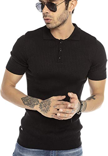 Herren T-Shirt Polo Shirt Casual Vintage Retro Style Kurzarm Strick Gerippt Schwarz XXL von Redbridge