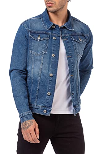 Jeansjacke Herren Denim Übergangsjacke Baumwolle mit Taschen und Knopfleiste Blau L von Redbridge