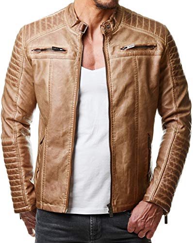 Redbridge Herren Jacke Übergangsjacke Biker Kunstleder Echtleder Baumwolle mit gesteppten Bereichen (L, Camel - Kunstleder) von Redbridge