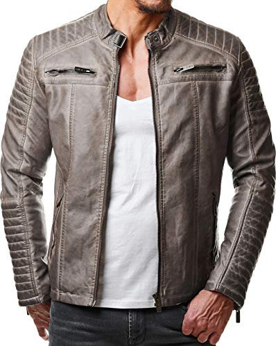 Redbridge Herren Jacke Übergangsjacke Biker Kunstleder Echtleder Baumwolle mit gesteppten Bereichen (S, Grau - Kunstleder) von Redbridge