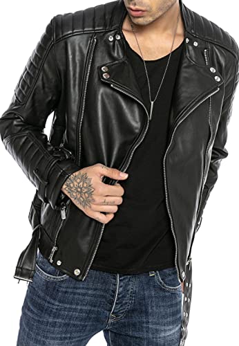 Redbridge Herren Jacke Bikerjacke Kunst- Lederjacke Classic Biker Vintage Cut mit Gürtel M6072 Schwarz XXL von Redbridge