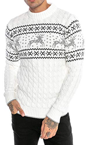 Red Bridge Herren Strickpullover Norweger Pullover Slim-Fit Plait Reindeer Weiß XL von Redbridge