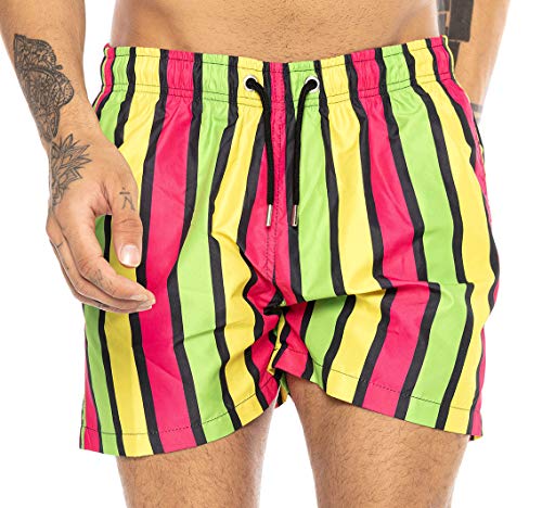 Redbridge Herren Badehose Badeshorts kurz schnelltrocknend Neon Vertical Stripes Gelb-Grün-Pink S von Redbridge