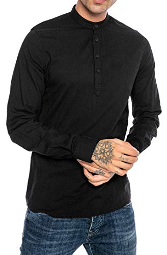 Redbridge Elegantes Herren Leinenhemd Langarm Casual Baumwolle Schwarz XL von Redbridge