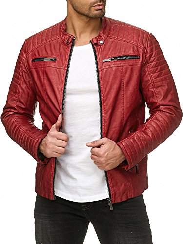 Redbridge Herren Jacke Übergangsjacke Biker Kunstleder Echtleder Baumwolle mit gesteppten Bereichen (L, Rot - Kunstleder) von Redbridge
