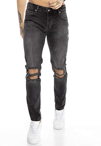 Redbridge Herren Jeans Hose Denim Slim Fit Destroyed Zerrissen Verwaschen Schwarz M4098, Schwarz, 33W / 32L von Redbridge