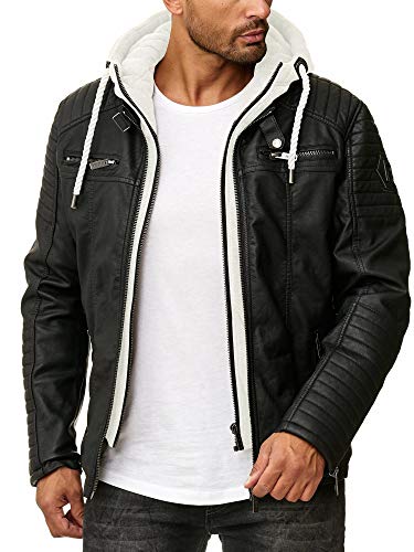 Redbridge Herren Lederjacke Kunstleder Bikerjacke mit Kapuze Schwarz-Ecrumelange S von Redbridge