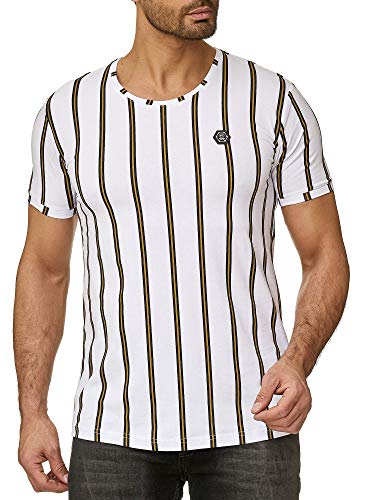 T-Shirt Herren Kurzarm Gestreift Design Filled Stripes Style Casual Designer Gelb Weiß S von Redbridge