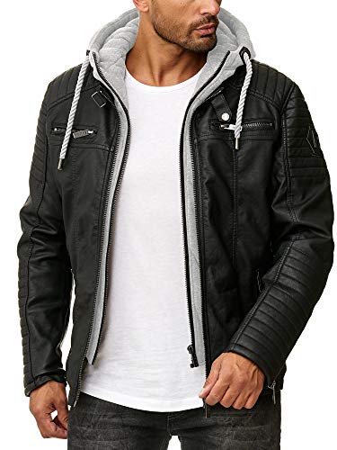 Robuste Lederjacke Kunstleder Bikerjacke mit abnehmbarer Kapuze Schwarz-Graumelange L von Redbridge