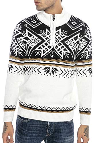 Redbridge Strickpullover für Herren Norweger Pullover Stehkragen Reißverschluss Weiß L von Redbridge