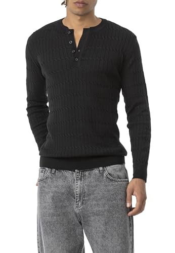 Redbridge - Tarz Cool Herren Strickpullover mit Knopfleiste, Strukturierter Langarmpullover Schwarz L von Redbridge