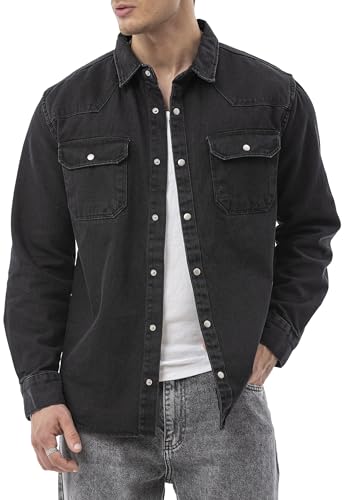 Redbridge by Spruce – Denim Hemdjacke – Jeanshemd mit Druckknöpfen – Overshirt mit Brusttaschen – Langarm Regular Fit Schwarz L von Redbridge