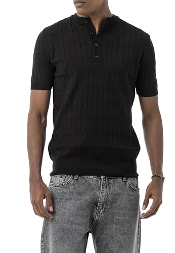 Redbridge by Tarz Cool - Strick-Tshirt mit Stehkragen - Kurzarm, Knopfleiste, Strukturmuster, Slim Fit Schwarz XL von Redbridge