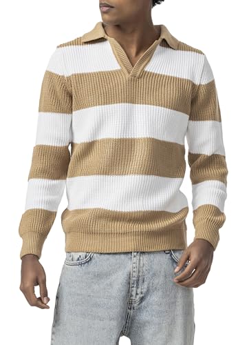 Redbridge by Tarz Cool - Strickpullover mit Kragen Gestreifter Langarm Polo Sweater - Casual Vintage Look Beige XL von Redbridge