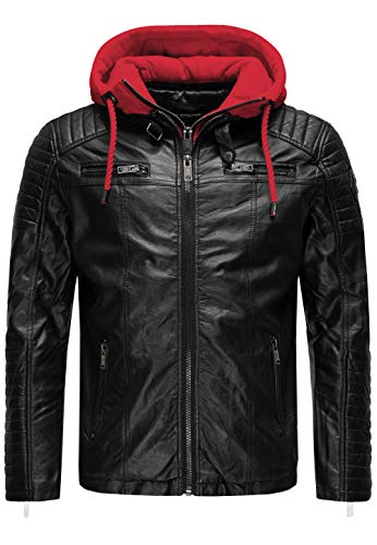 Robuste Lederjacke Kunstleder Bikerjacke mit abnehmbarer Kapuze Schwarz-Rot S von Redbridge