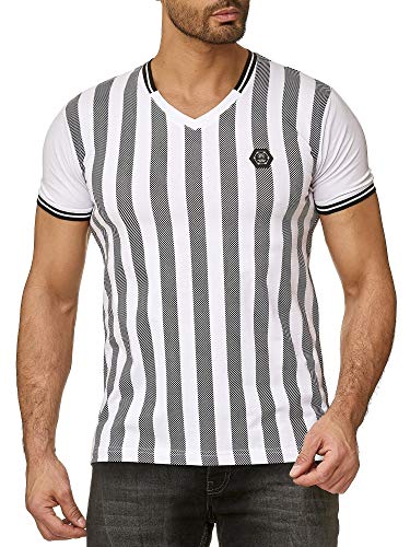 T-Shirt Herren Kurzarm Gestreift Design Referee Stripes Style Casual V-Ausschnitt Schwarz Weiß L von Redbridge