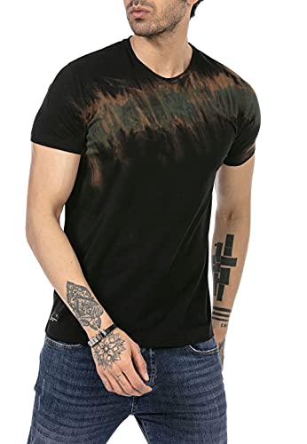 T-Shirt für Herren Batik Kurzarm 90er Jahre Rundhals Baumwolle Streetwear Schwarz L von Redbridge