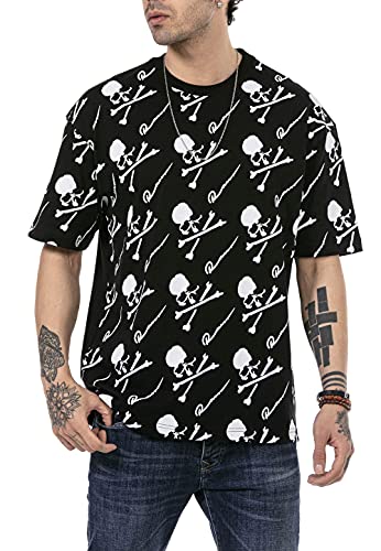 T-Shirt für Herren Kurzarm Rundhals Print Totenkopf Baumwolle Schwarz XXL von Redbridge