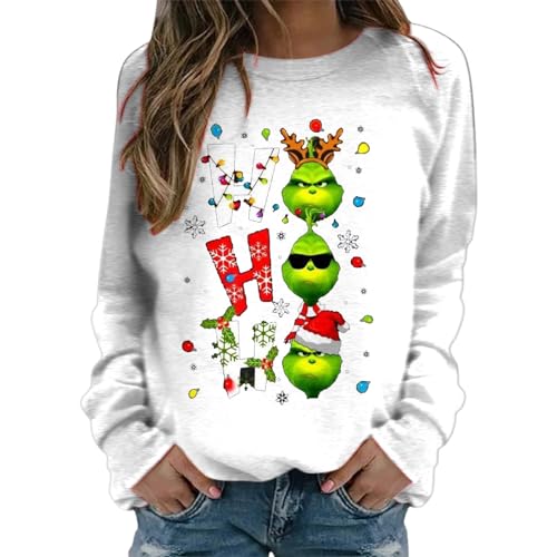 Reddomm Grinch Hässlicher Weihnachtspullover Kuschelpullover Damen Sweatshirt Damen Lang Only Pulli Damen Langarmshirt Pullover Herbst Winter Festlich Hoodie Oberteile von Reddomm