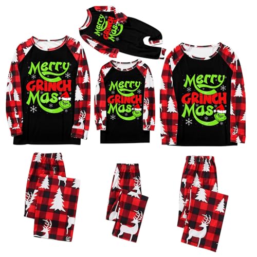 Reddomm Grinch Weihnachten Schlafanzug Familien Pyjama Set Lang Tops+Hosen Strampler Neujahr Zweiteiliger für Vater, Mutter, Kinder weihnachtspyjama Familie Set von Reddomm