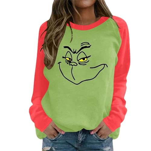 Reddomm Weihnachtspullover Partnerlook Grinch Sweatshirt Damen Baumwolle Dünne Pullover Damen Pulli Langarmshirt Pullover Herbst Winter Festlich Hoodie Oberteile von Reddomm