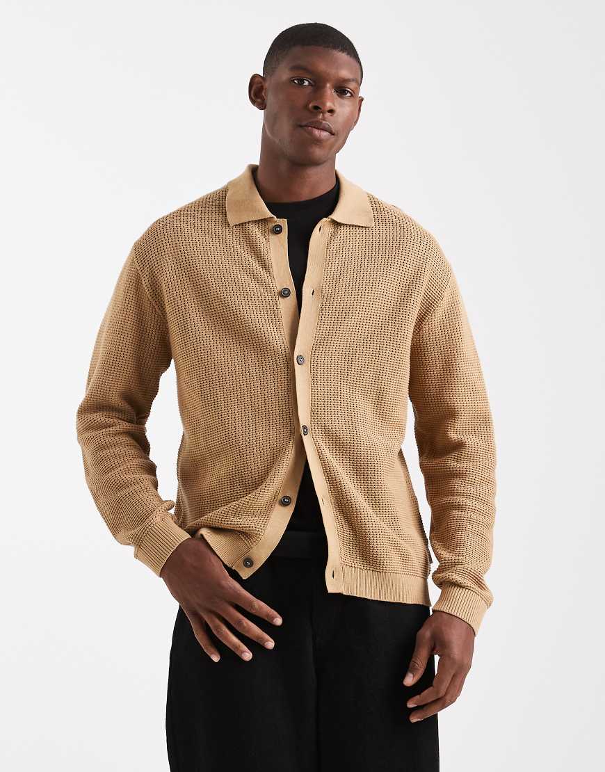 Redefined Rebel - Strickjacke in Beige mit Polokragen und durchgehender Knopfleiste-Neutral von Redefined Rebel