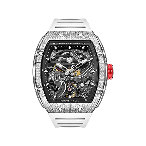 Redhai Automatische mechanische Uhr Skelett Edelstahl 50 m wasserdicht Anti-Schock Casual Taucher Herren Armbanduhr Sterling Uhren Chronograph Analog Business Casual Mode Verstellbares Silikonband, Tolles Zifferblatt mit weißem Silikonarmband von Redhai