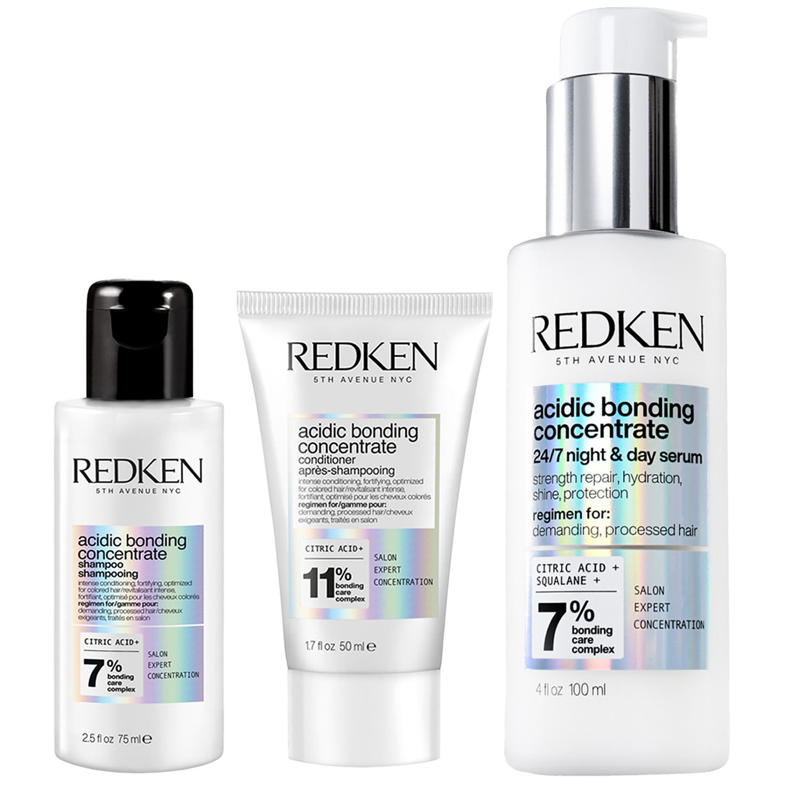Redken Acidic Bonding Concentrate Shampoo 75ml, Conditioner 50ml and 24/7 Night and Day Serum 100ml von Redken