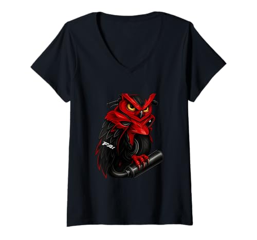 Damen Rotes Eulen-Design mit Sportbike-Energy-Motorradfahrer T-Shirt mit V-Ausschnitt von Redline Predator Studio