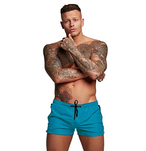 Herren-Badehose, schnell trocknend, mit Reißverschlusstaschen, Badeshorts mit Netzfutter, Blau / Grün, S von Redqenting