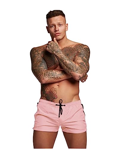 Herren-Badehose, schnell trocknend, mit Reißverschlusstaschen, Badeshorts mit Netzfutter, Helles Pink, M von Redqenting