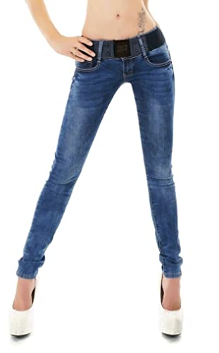 RED SEVENTY Damen Skinny Jeans Stretch Denim Hose mit Gürtel Gr. 32-40, Dark Blue W159, 40 von Redseventy