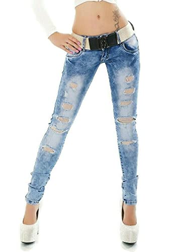 RED SEVENTY Damen Skinny Jeans Stretch Denim Hose mit Gürtel Gr. 32-40, Light Blue Ripped T080, 36 von Redseventy