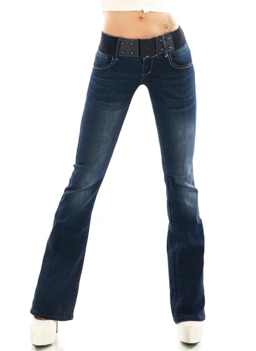 RED SEVENTY Damen Stretch Denim Skinny Boot Cut Jeans Hose Blau Faded mit Gürtel EU 39-42, Blau Wt359, 38 von RED SEVENTY