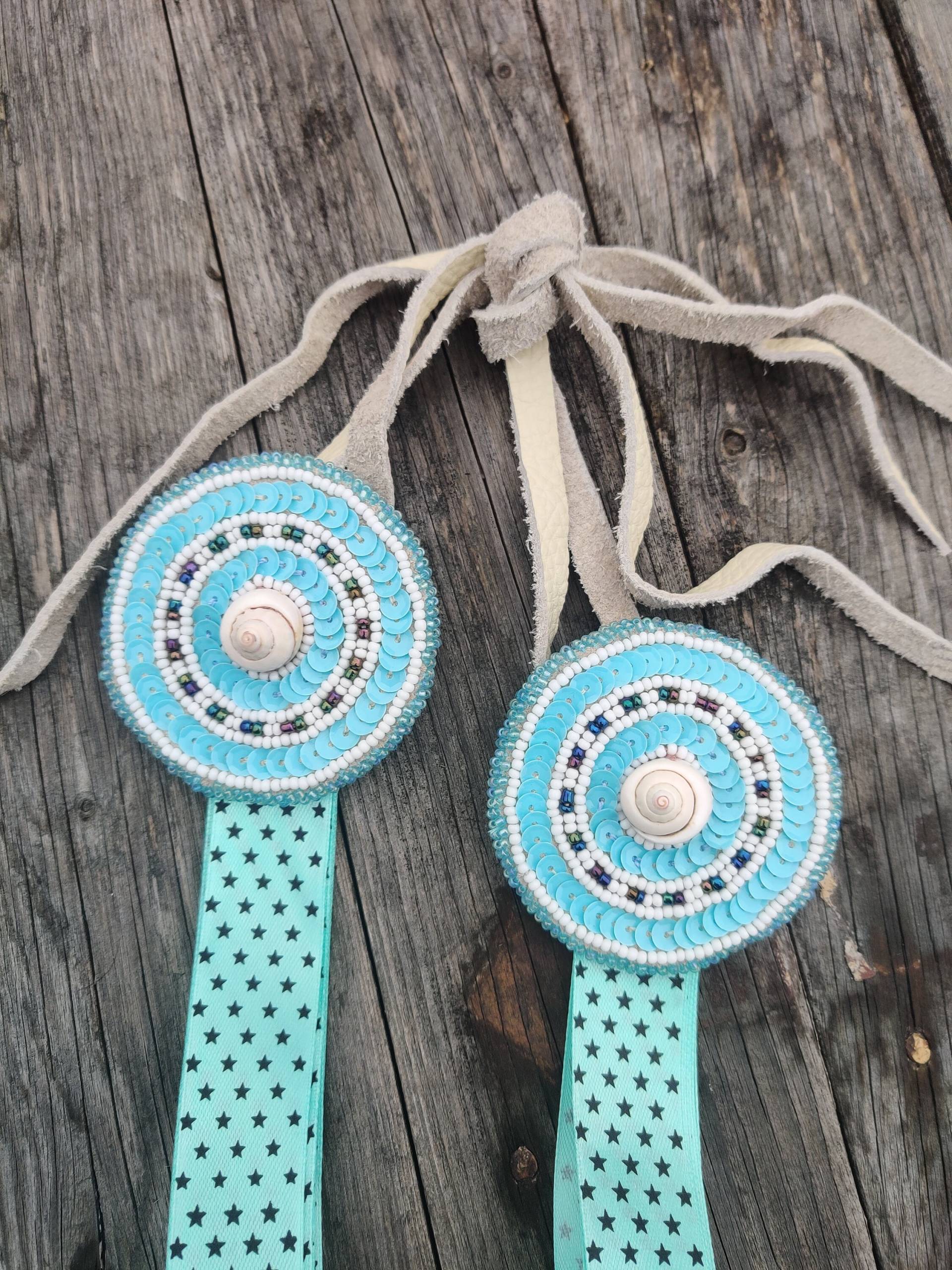 Blaue Powwow-Haargummis, Seitliche Tropfen, Haargummis Mit Pailletten, Perlen, Ausgefallener Schal, Jingle Dress Dance von Redstartradingpost