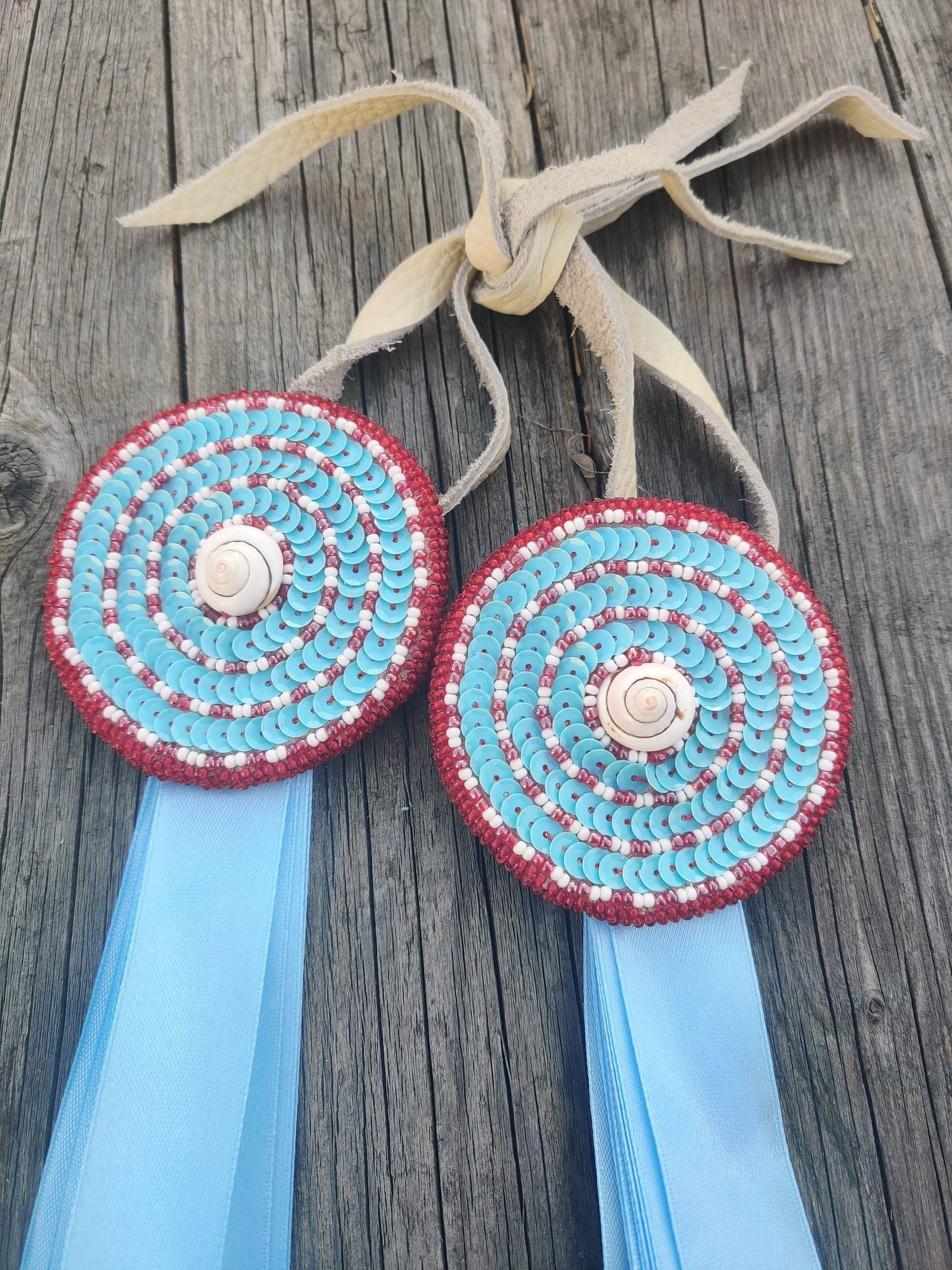 Blaue Powwow-Haargummis, Seitliche Tropfen, Haargummis Mit Pailletten, Perlen, Ausgefallener Schal, Jingle Dress Dance von Redstartradingpost