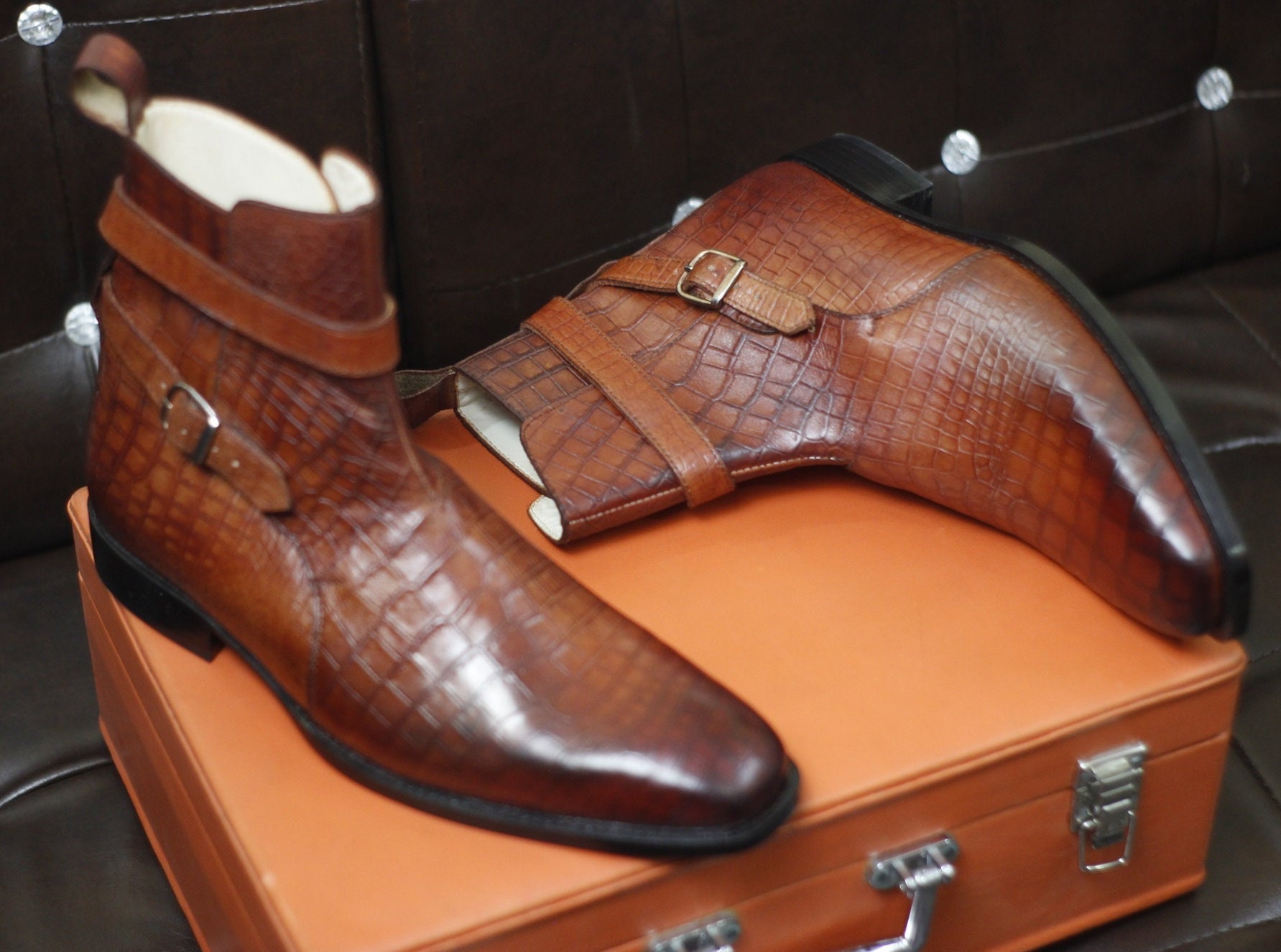 Neue Herren Handgemachte Formale Schuhe Braun Krokodil Strukturiertes Leder Fußgelenk High Jodhpur Boots von RedsunGB