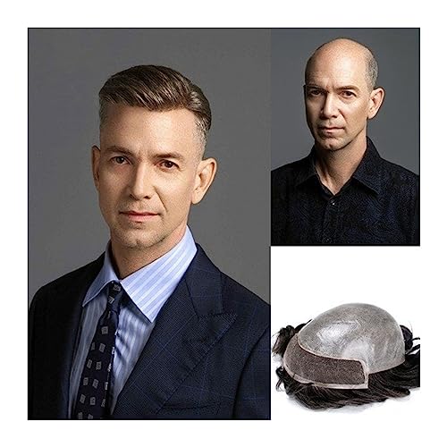 Männer Perücke Bio-Toupet for Männer, 0,06–0,08 mm, V-Schlaufe, PU-Haut, Spitzenfront, Haarsystem-Einheit, Herren-Toupet, 20,3 x 25,4 cm, langlebige männliche Haarprothese, 1B, natürliches Haarteil P von ReeSet