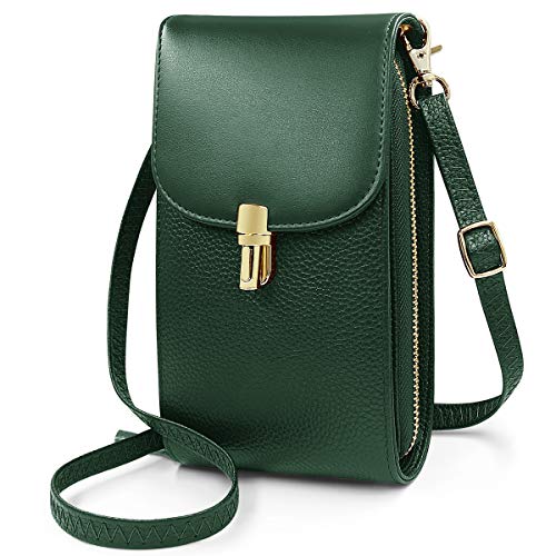 REETEE Damen Kleine Handy Schultergurt aus echtem Leder Mini Handtasche Umhängetasche Handy Tasche Frauen Geldbörse mit verstellbarem Schultergurt, grün, L, Schultergurt von REETEE